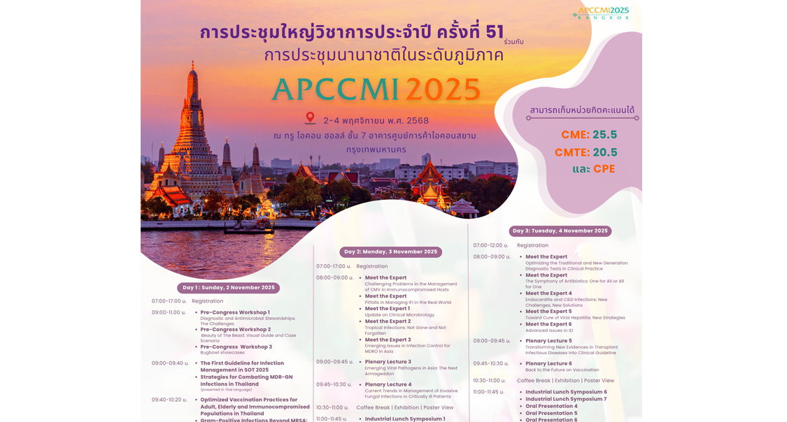 สมาคมโรคติดเชื้อแห่งประเทศไทยขอเรียนเชิญแพทย์และบุคลากรทางการแพทย์เข้าร่วม การประชุมใหญ่วิชาการประจำปี ครั้งที่ 51