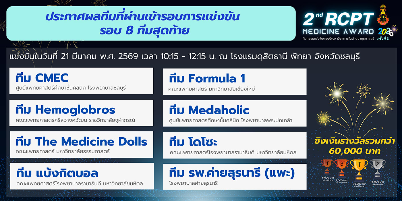 2nd RCPT Medicine Award 2026 ประกาศผลทีมที่ผ่านเข้ารอบการแข่งขัน รอบ 8 ทีมสุดท้าย